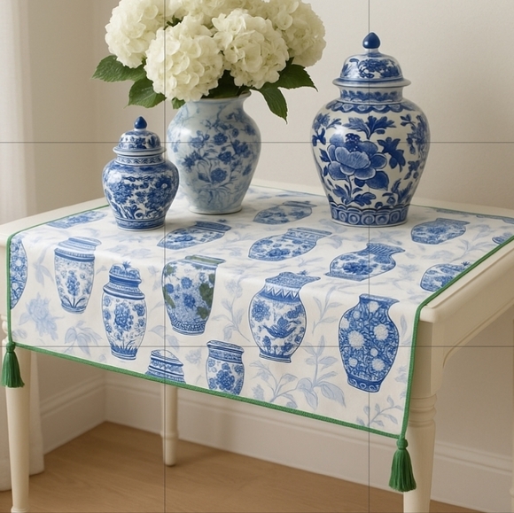 Ta•ble Other - Custom Chinoiserie Ginger Jar Table Topper – 100% Cotton – Green Piping & Tassel